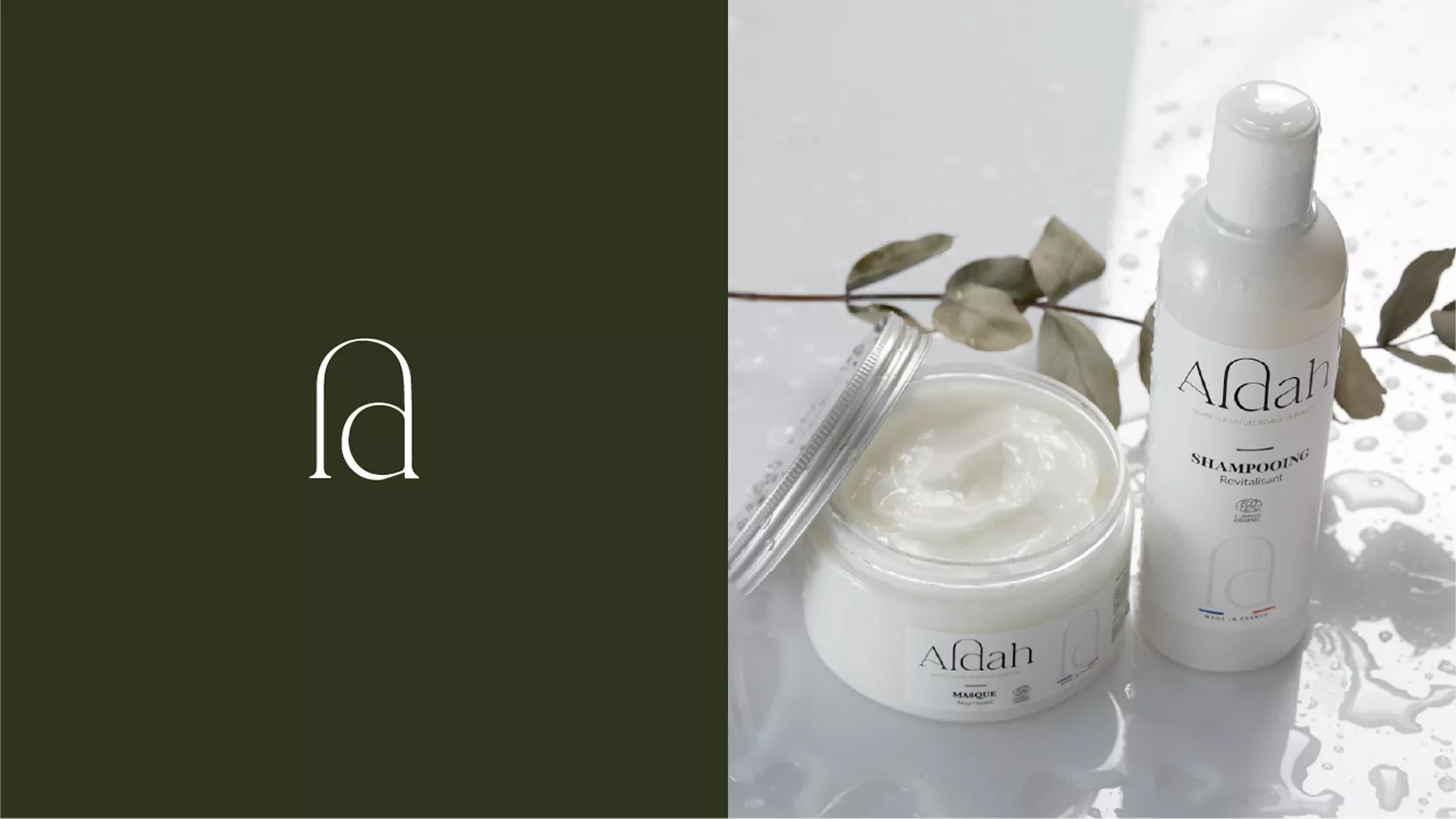 Photo du packaging Aldah et de son univers visuel créé par notre agence image de marque cosmétique, reflétant le positionnement premium.
