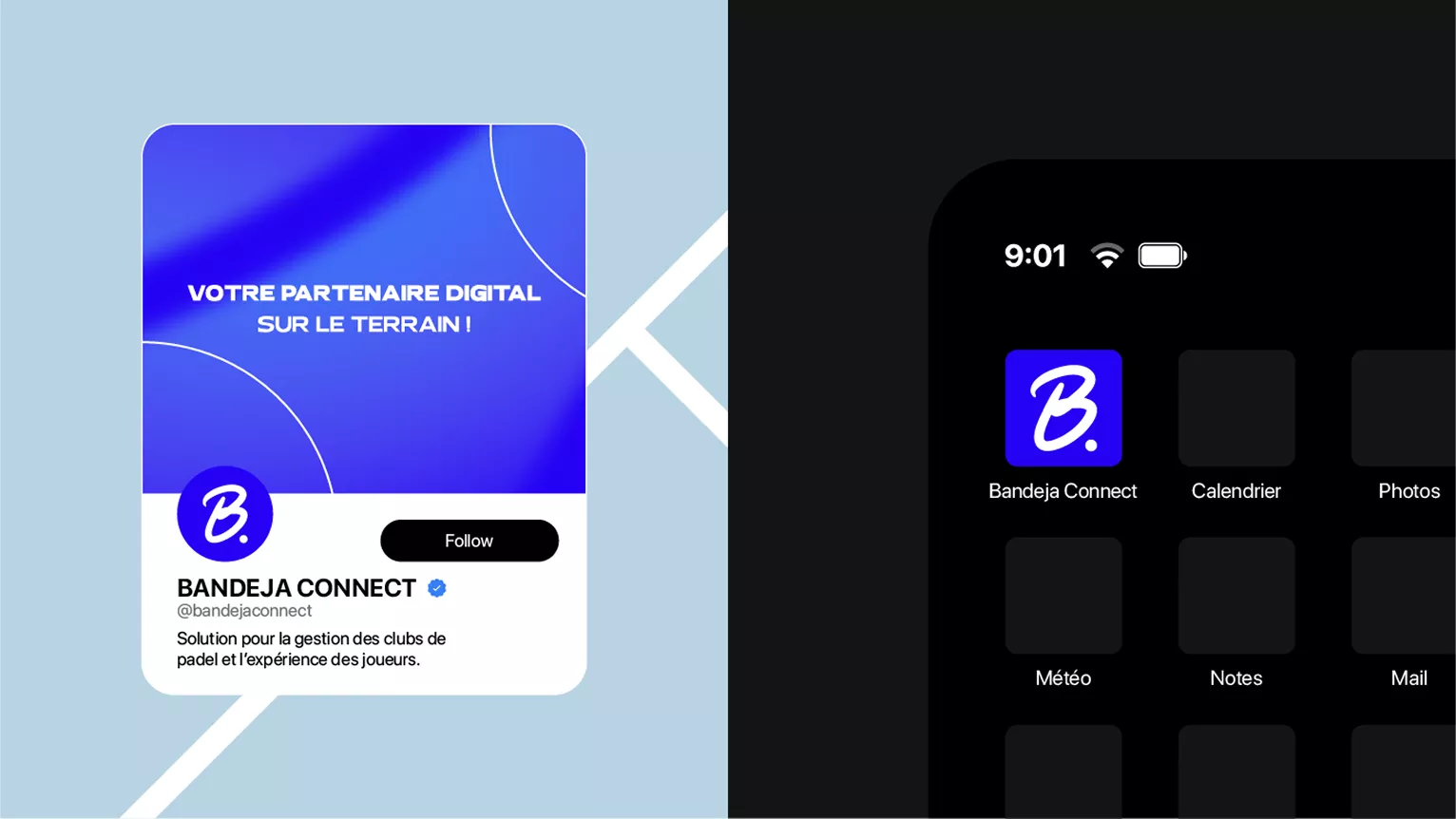 Univers digital et identité visuelle créés pour Bandeja Connect par notre agence design d’application et identité de marque.