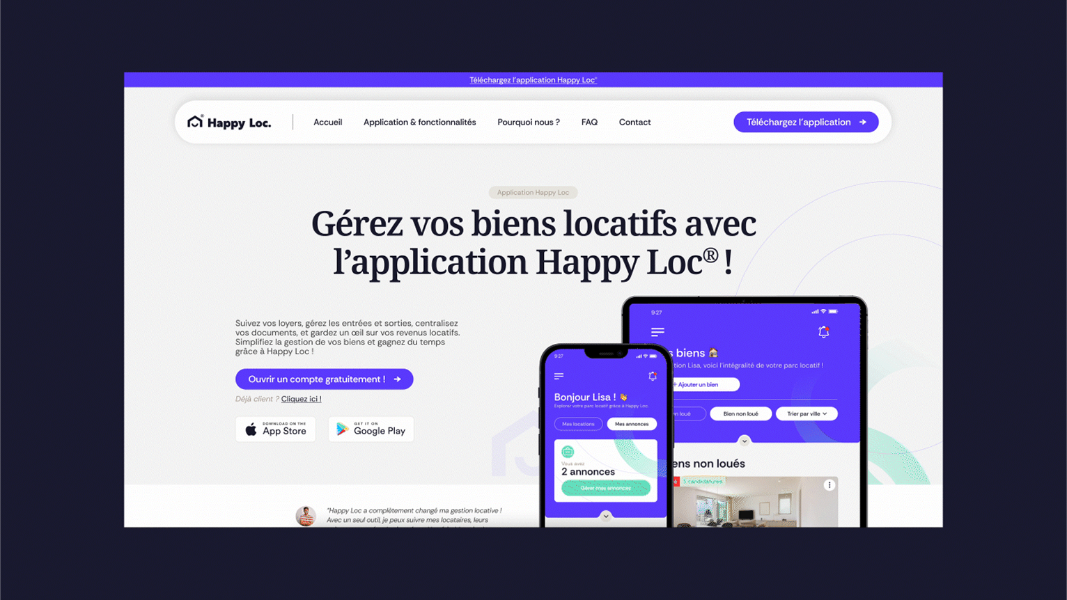 Design digital et interface utilisateur de Happy Loc, application immobilière moderne, création application immobilier.