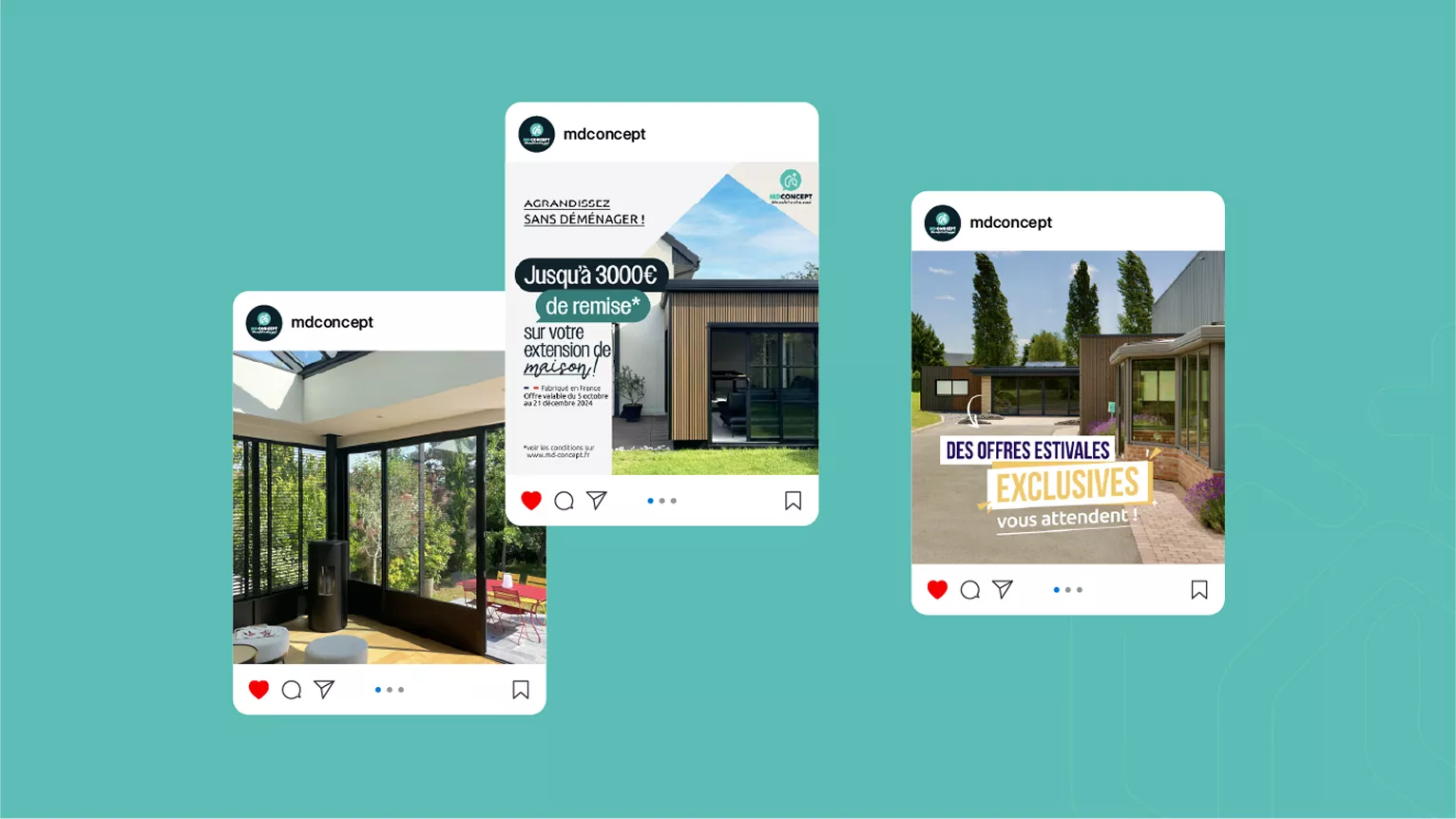 Campagnes Google Ads mises en place par notre agence communication et marketing digital pour MD Concept, spécialiste de l’extension d’habitation.